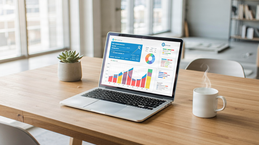 Modern digital marketing workspace with SEO analytics on a screen